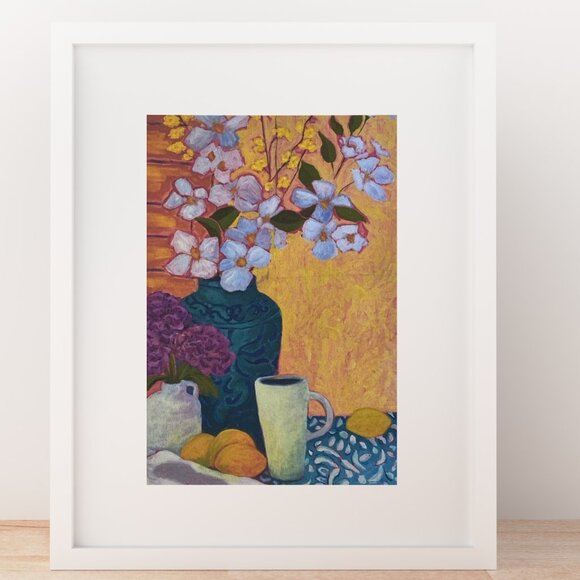Hand Crafted Other - Colorful Kitchen Still Life Lemons, Tea, & Flowers Art Print for Farmhouse Decor